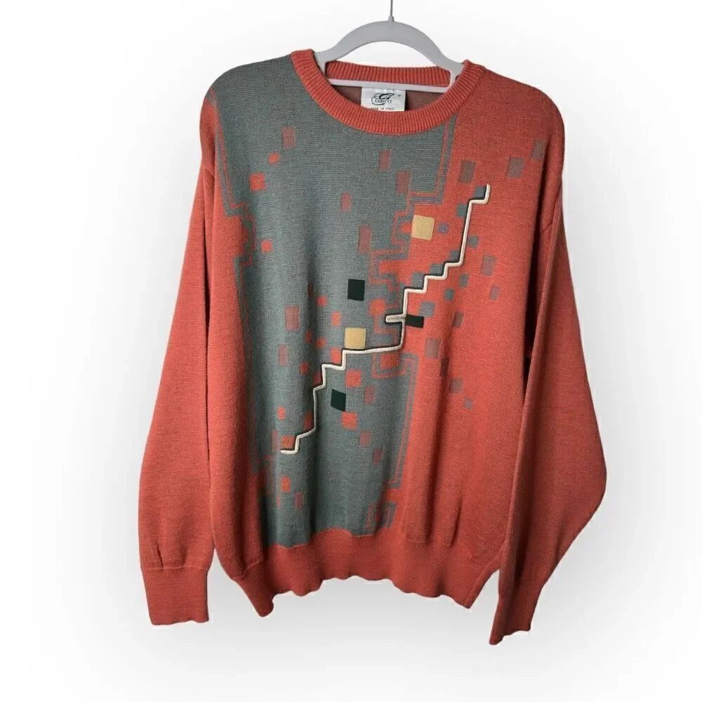 Gabicci crew neck sweater geometric print wool/acrylic size medium orange/grey
